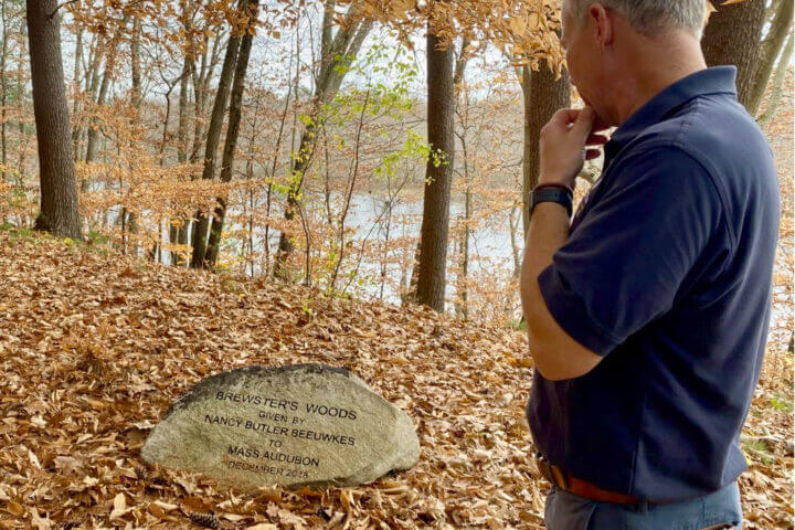 David O'Neill, president of Mass Audubon, reflects on the Beeuwkes' gift of Brewster's Woods. The property fronts the Concord River. - Photos by Margaret Carroll-Bergman