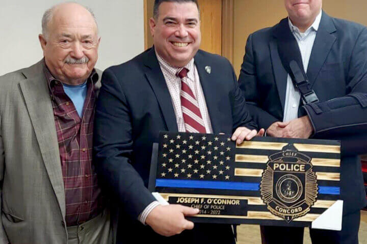 Select Board Member Henry Dane presented a proclamation thanking Police Chief Joseph O’Connor for his service. Detective Keith Harrington of the Concord Police Relief Association presented a specially designed wall hanging bearing the Concord police badge.